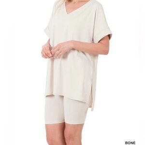 Zenana 2-piece set, includes a V-neck hi-low hem top & biker shorts~ color: bone
